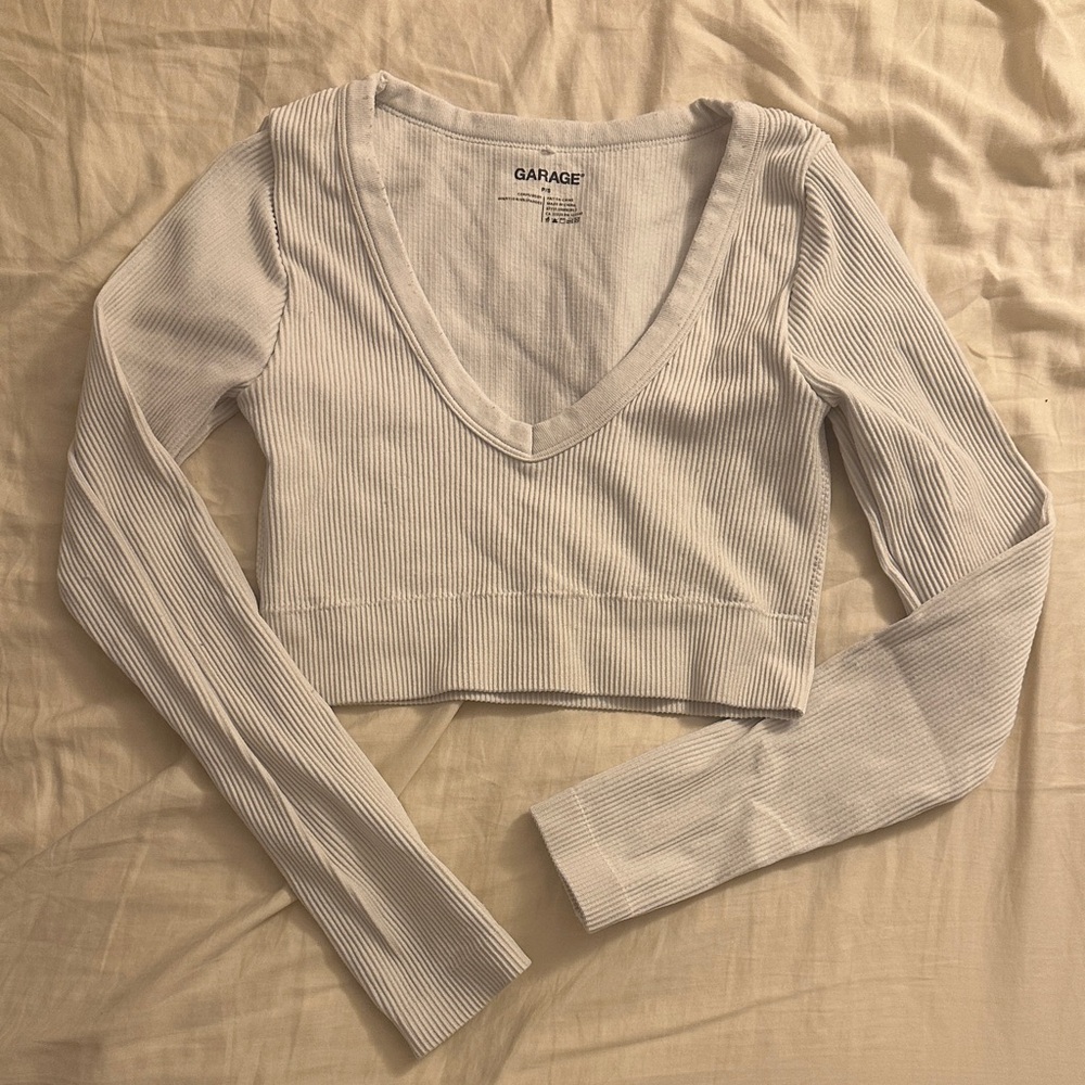 Garage Cream Ribbed V-Neck Long Sleeve Crop Top